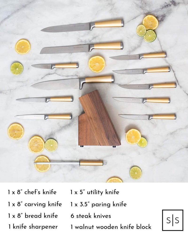 styled settings Gold Knife Set with Walnut Block â€“ 13-Piece Full Tang Stainless Steel Kitchen Knives â€“ Durable Gold Kitchen Accessories for Cooking and Food Prep - Image 2